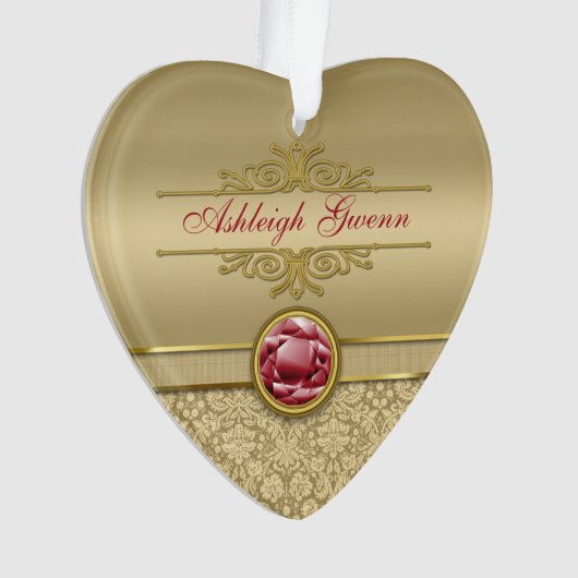 Faux Dark Ruby Red Gemstone Metallic Gold Damask Ornament (voorkant)