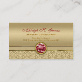Faux Dark Ruby Red Gemstone Metallic Gold Damask Visitekaartje
