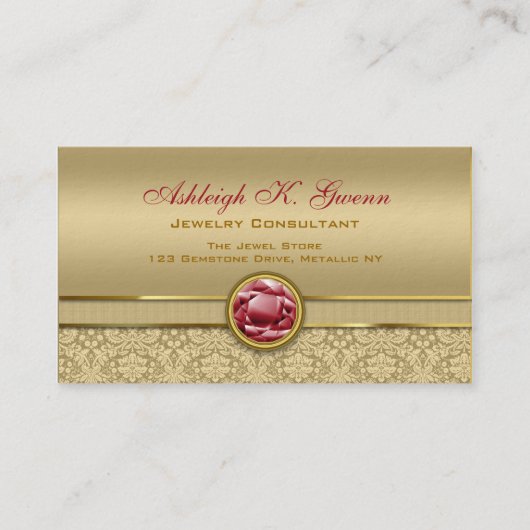Faux Dark Ruby Red Gemstone Metallic Gold Damask Visitekaartje (Voorkant)
