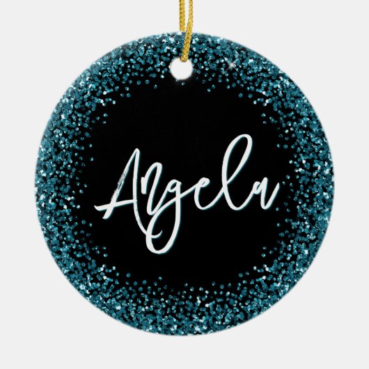 Faux Dark Teal Glitter Black Photo Keramisch Ornament (Voorkant)