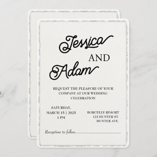 Faux Deckle Edge Paper Invitation Script Wedding Kaart (Voorkant / Achterkant)