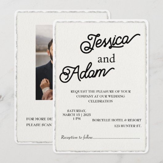 Faux Deckle Edge Paper Invitation Script Wedding Kaart (Voorkant / Achterkant)