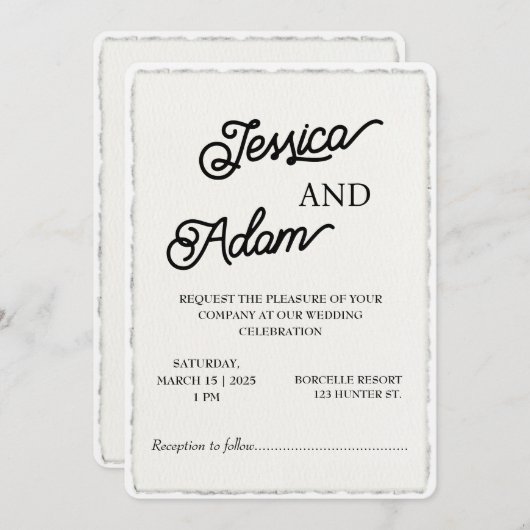 Faux Deckle Edge Paper Invitation Script Wedding Kaart (Voorkant / Achterkant)