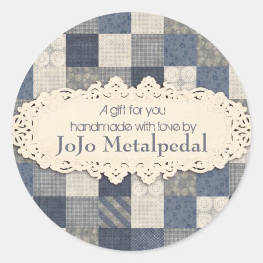 Faux denim blauw crème quilter patroon ronde sticker (Voorkant)