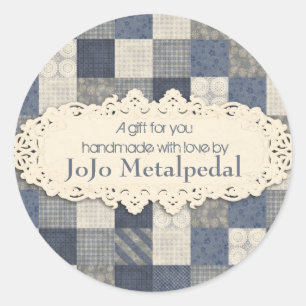 Faux denim blue-crème, quilter-patroon ronde sticker