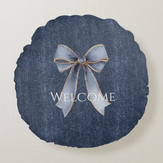 Faux Denim Blue Jean Bow Rond Kussen (Voorkant)
