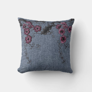 *~* Faux Denim Hand stitched Flowers Kussen