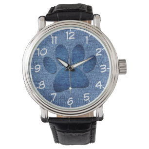 Faux Denim Jeans Dog Paw Print Horloge