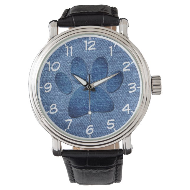 Faux Denim Jeans Dog Paw Print Horloge (Voorkant)