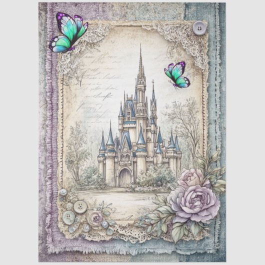 Faux Denim & Lace Fantasy Castle Decoupage Tissuepapier (Voorkant)