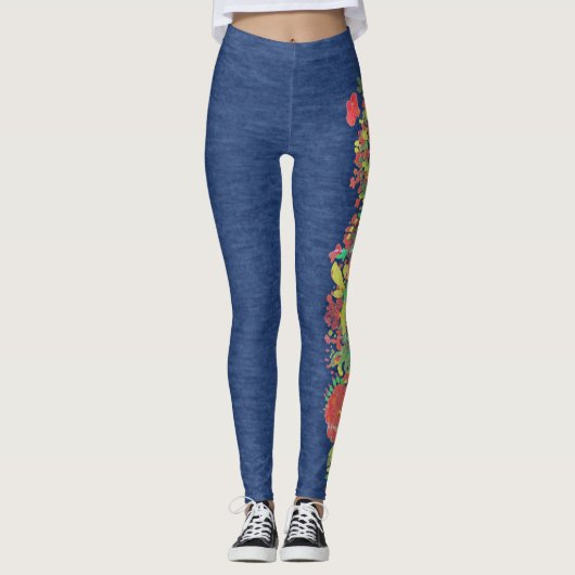 Faux Denim met Floral Panel Design Leggings (Voorkant)