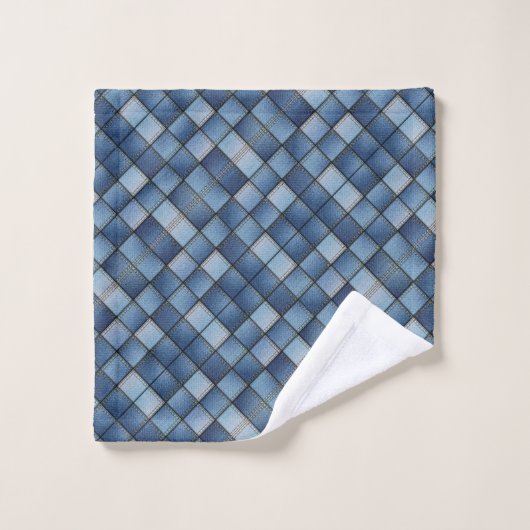 Faux Denim Patchwork Diamond Patroon Bad Handdoek (Wasdoekje)