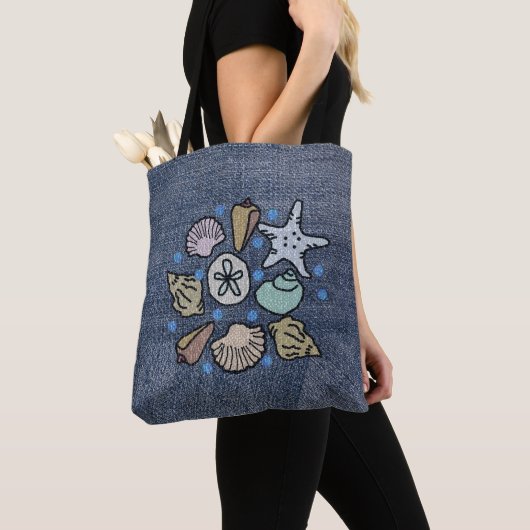 Faux Denim Patchwork Seashell Kunsttas Tote Bag (Dichtbij)