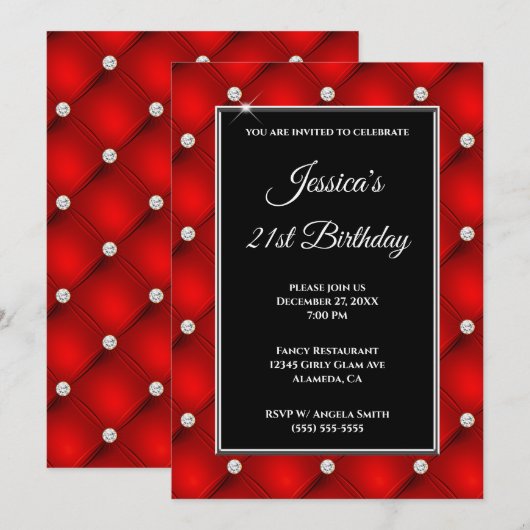 Faux Diamond Tufted Bright Red 21st Birthday Kaart (Voorkant / Achterkant)