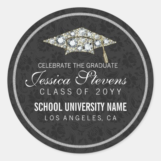 Faux Diamonds en Silver Afstuderen Pet 2 Ronde Sticker (Voorkant)