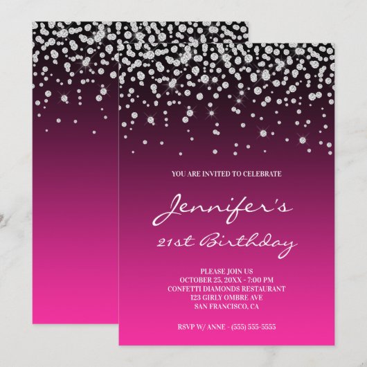 Faux Diamonds zwarte roze gradiënt 21e verjaardag Kaart (Voorkant / Achterkant)