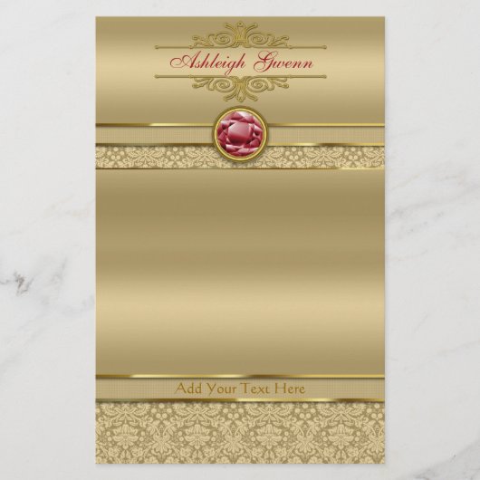 Faux Donker Ruby Rood Edelsteen Metallic Goud Dama Briefpapier (Voorkant)