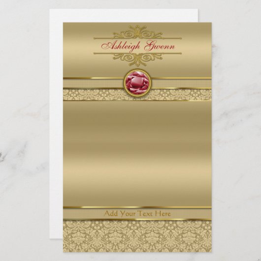 Faux Donker Ruby Rood Edelsteen Metallic Goud Dama Briefpapier (Voorkant / Achterkant)