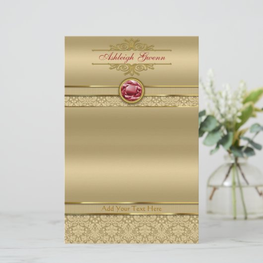 Faux Donker Ruby Rood Edelsteen Metallic Goud Dama Briefpapier (Staand voorkant)