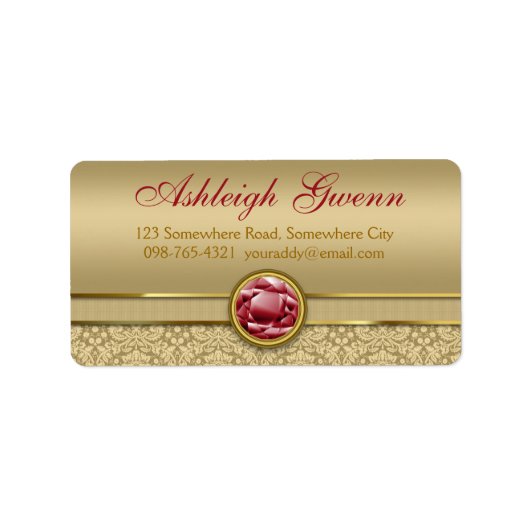Faux Donker Ruby Rood Edelsteen Metallic Goud Dama Etiket (Voorkant)