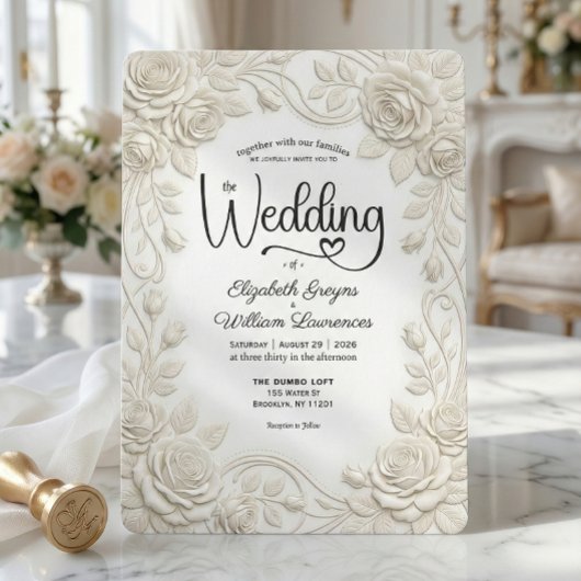 Faux Embossed 3D Cream Rose Bas Relief Wedding  Kaart