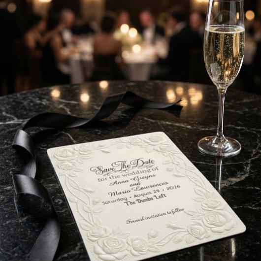 Faux Embossed 3D Floral Cream Relief Effect Save The Date