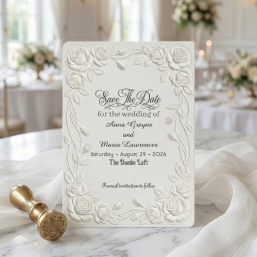 Faux Embossed 3D Floral Cream Relief Effect Save The Date