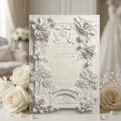 Faux Embossed 3D White Rose Floral Relief Wedding  Kaart