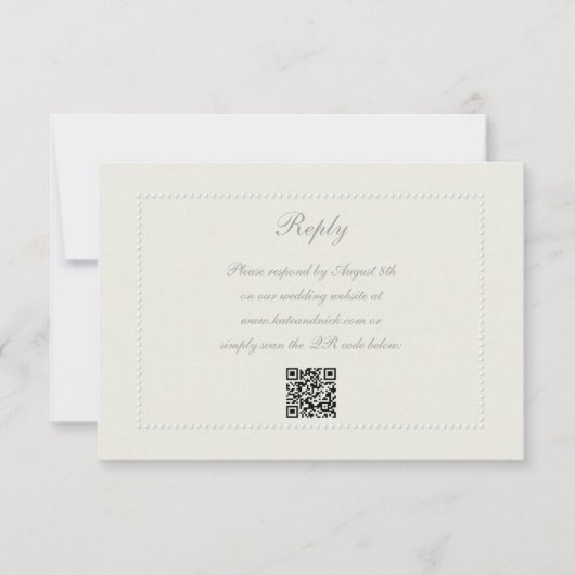 Faux Embossed Beaded Lijst Ecru Reageer Trouwen QR RSVP Kaartje (Voorkant)