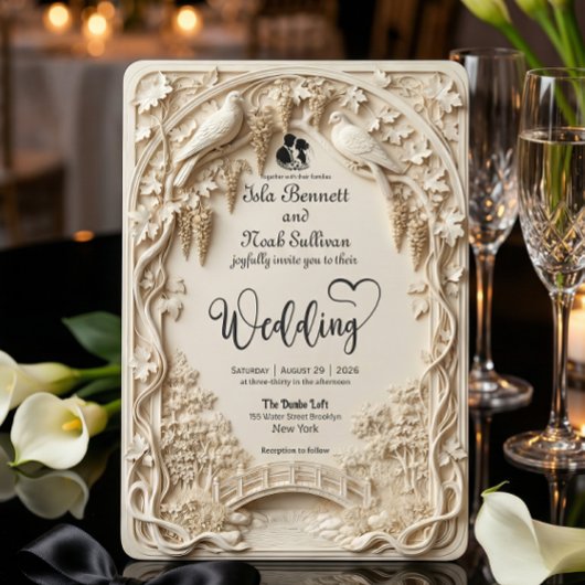 Faux Embossed Carved Cream Bas Relief Wedding Kaart