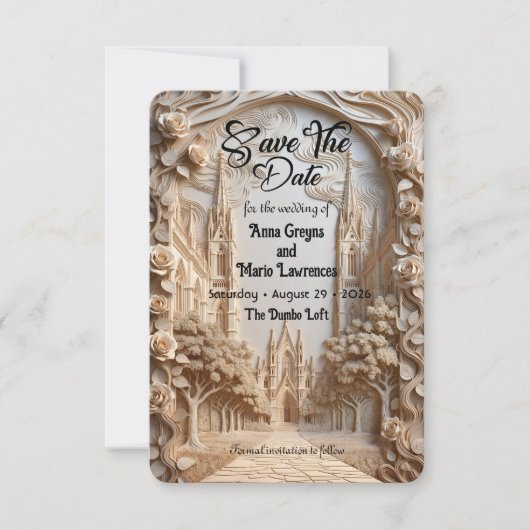 Faux Embossed Cathedral Arch Floral Relief Save The Date (Voorkant)