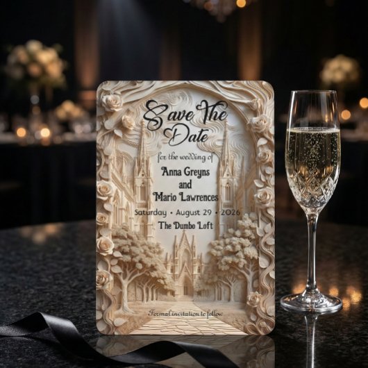 Faux Embossed Cathedral Arch Floral Relief Save The Date