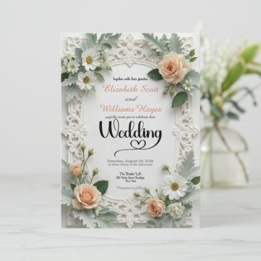 Faux Embossed Floral Elegance Spring Wedding Kaart (Staand voorkant)