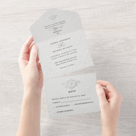 Faux Embossed Floral Wedding  All In One Invi Uitnodiging (Afscheurbaar)
