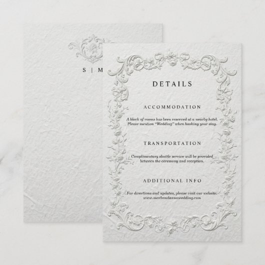 Faux Embossed Floral Wedding Details Card Informatiekaartje (Voorkant / Achterkant)