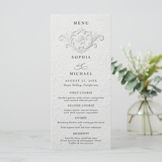Faux Embossed Floral Wedding Flat Menu (Staand voorkant)