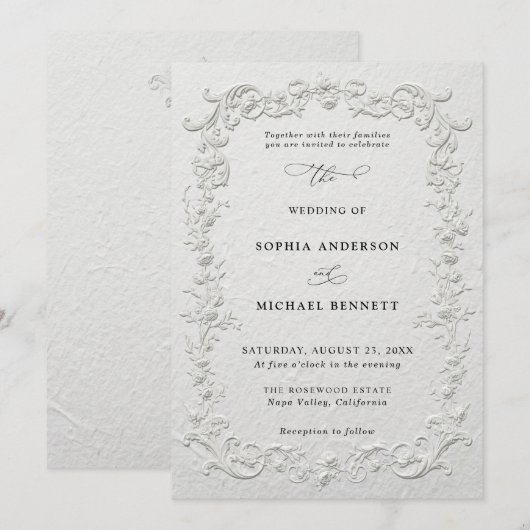 Faux Embossed Floral Wedding Invitation Kaart (Voorkant / Achterkant)