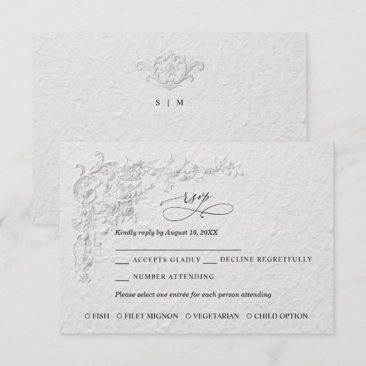 Faux Embossed Floral Wedding RSVP Card Kaartje (Voorkant / Achterkant)