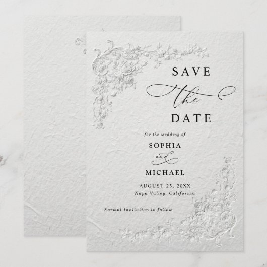 Faux Embossed Floral Wedding Save the Date  I Kaart (Voorkant / Achterkant)