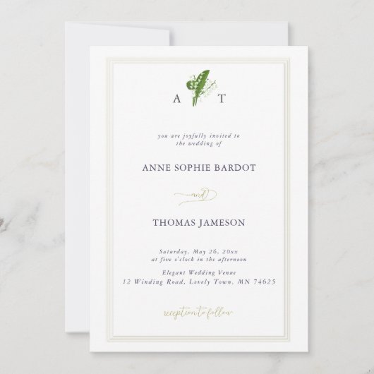 Faux Embossed Lijst Lily Valley Monogrammen Wedden Kaart (Voorkant)