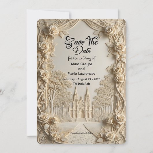 Faux Embossed Relief Ivory Baroque Stone Save The Date (Voorkant)