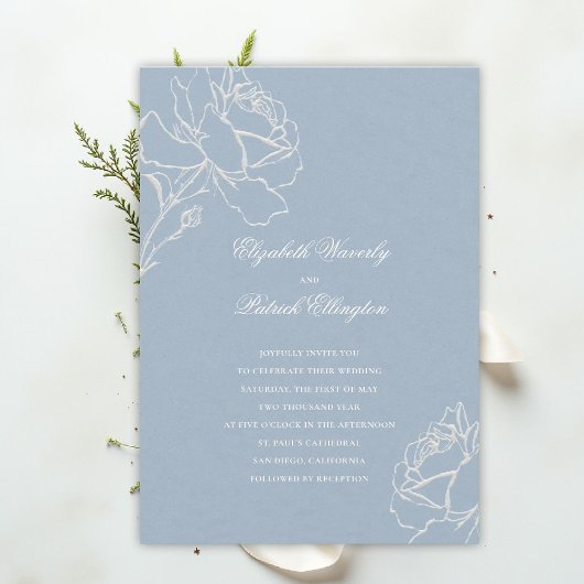 Faux Embossed Roses Blue Formal Classic Wedding Kaart