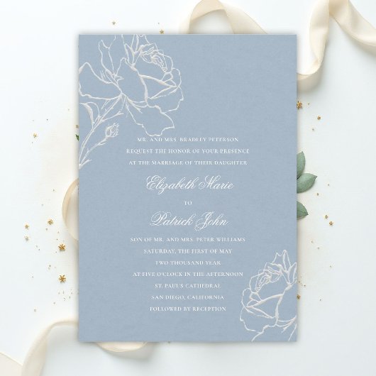 Faux Embossed Roses Blue Formal Parents Wedding Kaart