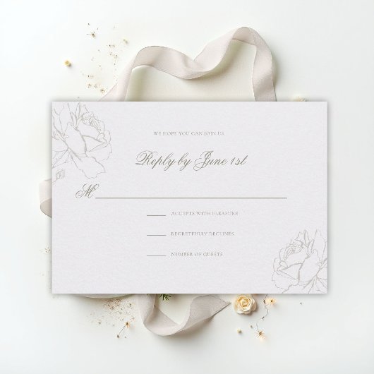 Faux Embossed Roses Pearl Classic Wedding RSVP Kaartje