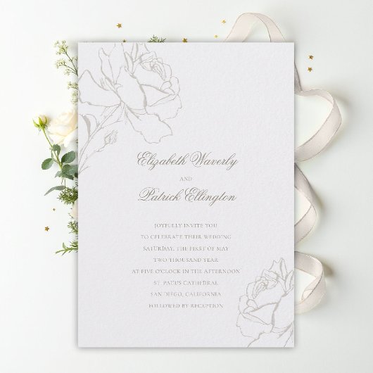 Faux Embossed Roses Pearl Formal Classic Wedding Kaart