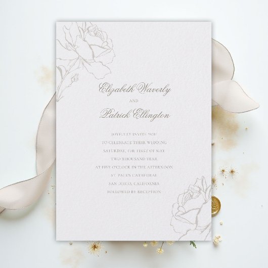 Faux Embossed Roses Pearl Modern Classic Wedding Kaart