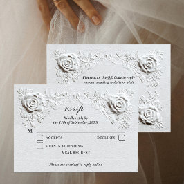 Faux Embossed Rozen Elegant Script QR Code Wedding RSVP Kaartje