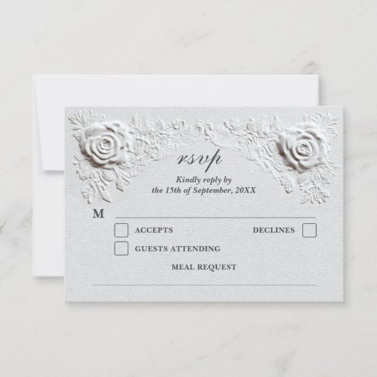 Faux Embossed Rozen Elegant Script Wedding RSVP Kaartje (Voorkant)