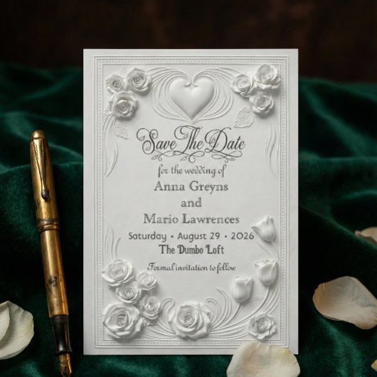 Faux Embossed White Rose Relief Save The Date