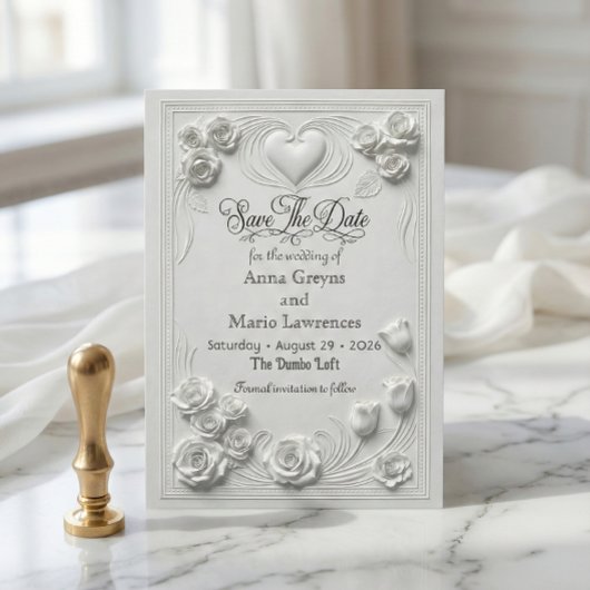 Faux Embossed White Rose Relief Save The Date